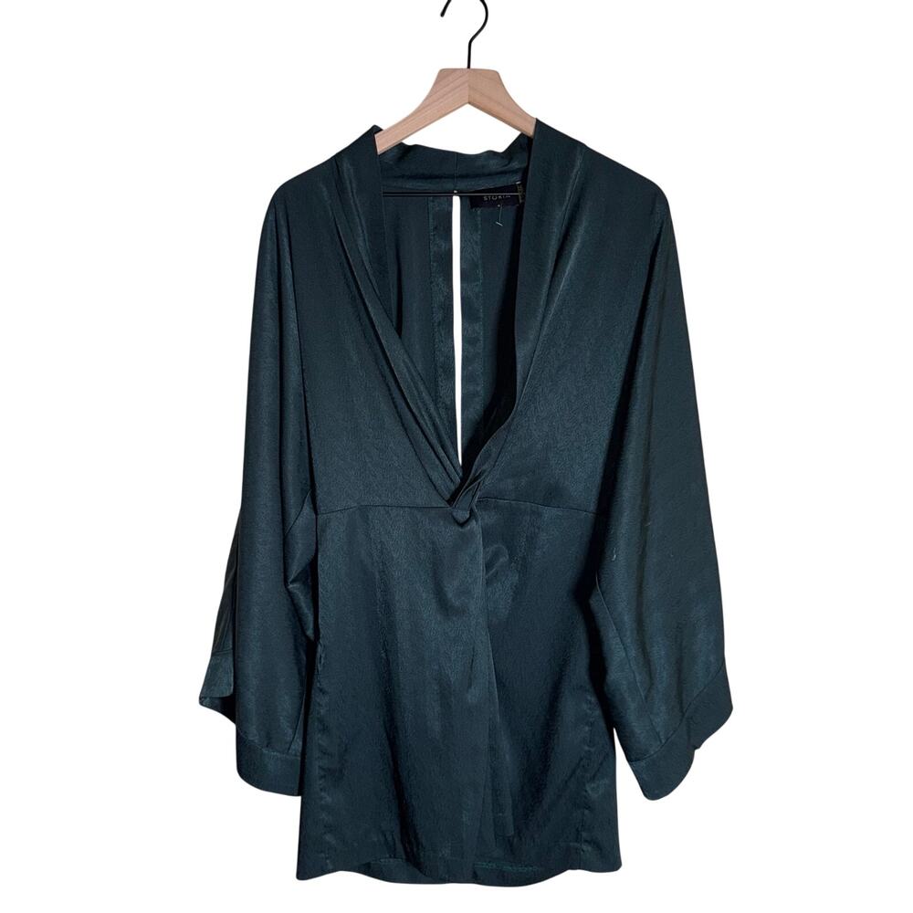 STORIA forest green satin effect high neck open back blouse M